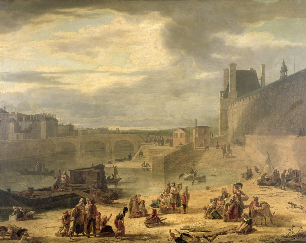 Uitzicht op de Grote Galerij van het Louvre, de Tuilerieën en de Pont Royal, c.1795 door J.F. De Pelchin