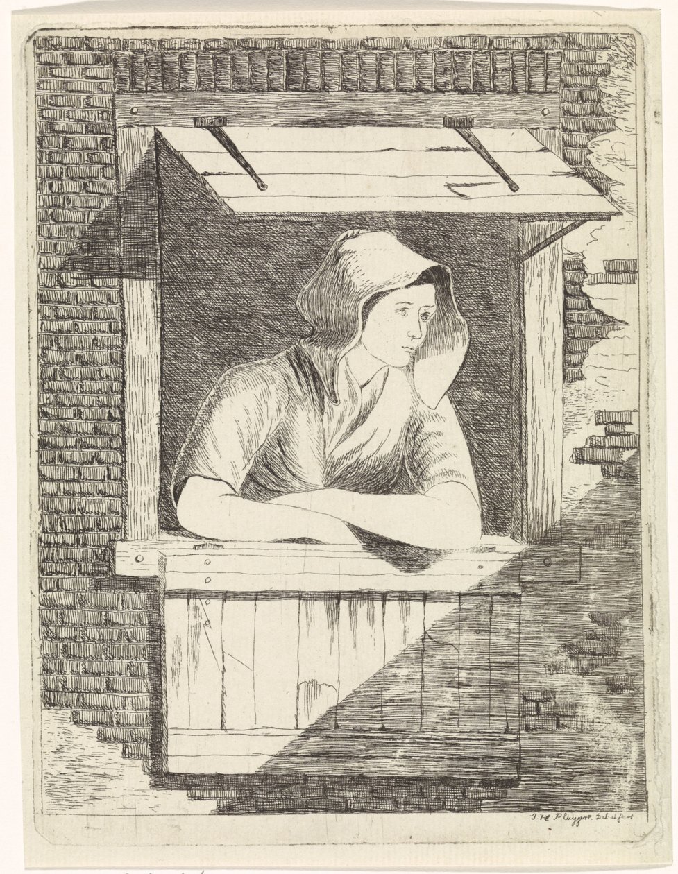 Vrouw bij een open raam door J.H. Pluygers