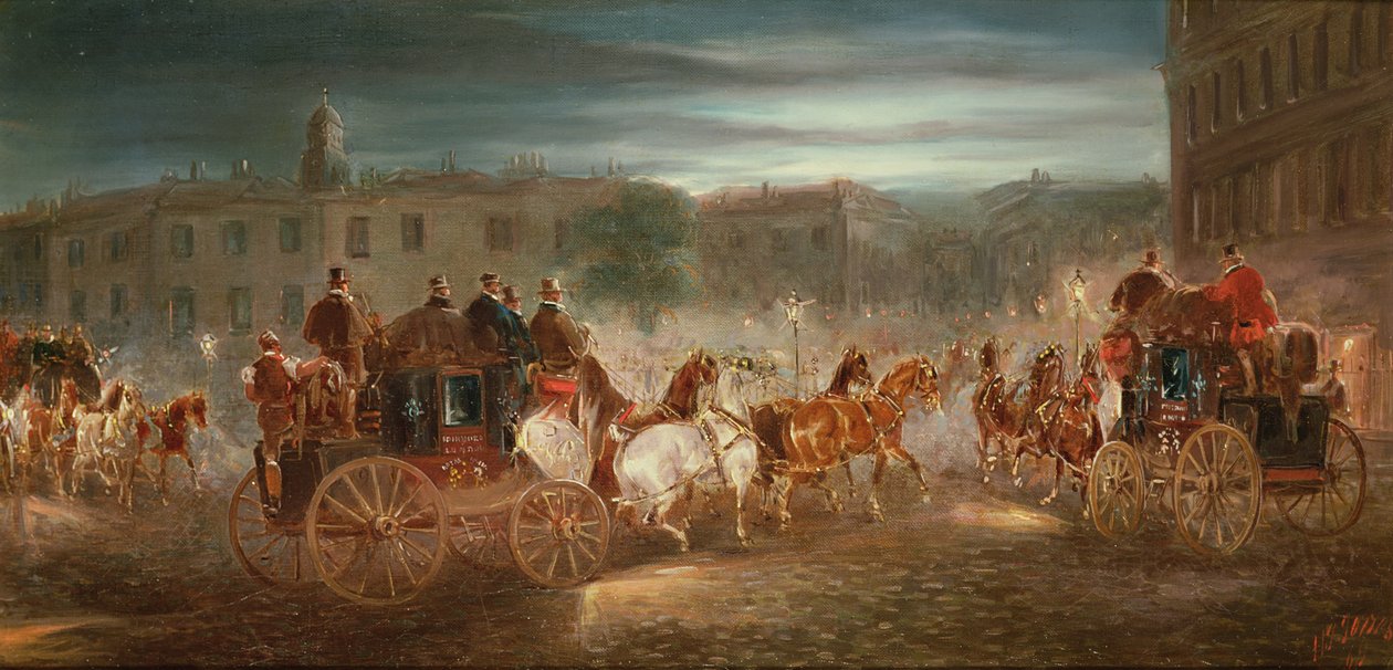 Avondkoetsscène in een stad door J.J. Jones