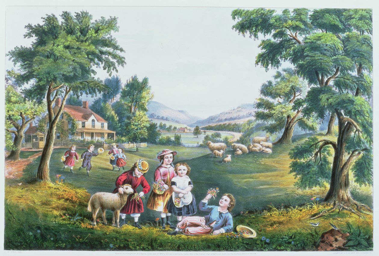 De vier seizoenen van het leven: Kindertijd, `Het seizoen van vreugde`, gegraveerd door Parsons en Atwater, gepubliceerd door Currier en Ives, New York, 1868 door N. and Ives, J.M. Currier