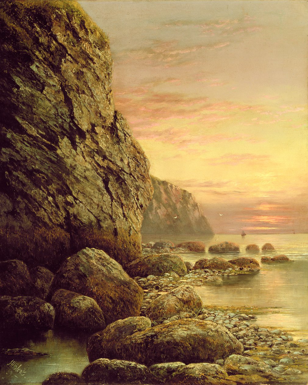 Zeegezicht met klif bij zonsondergang, 1889 door J. H. Blunt