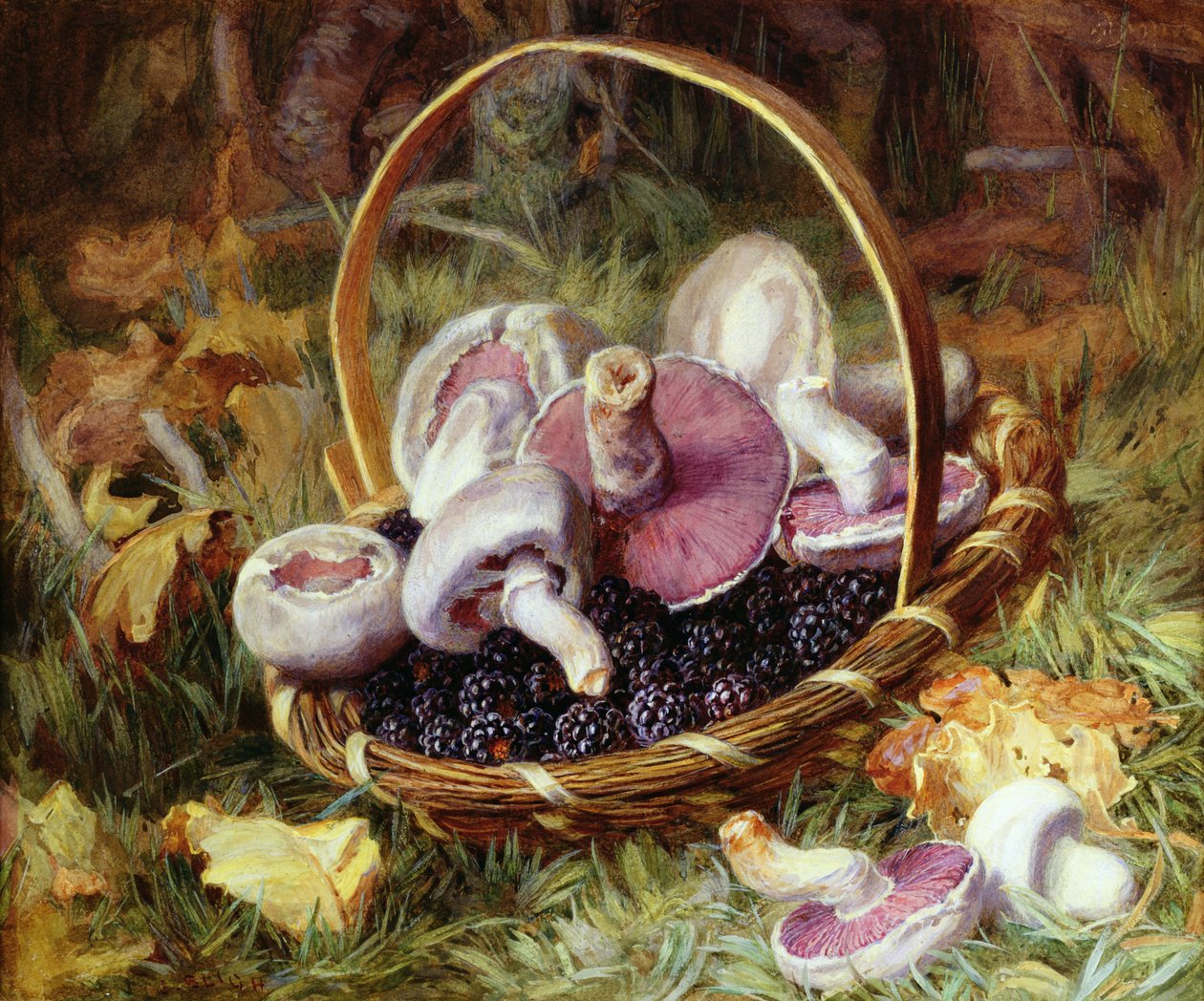 Een mand met wilde paddenstoelen en bramen door Jabez Bligh