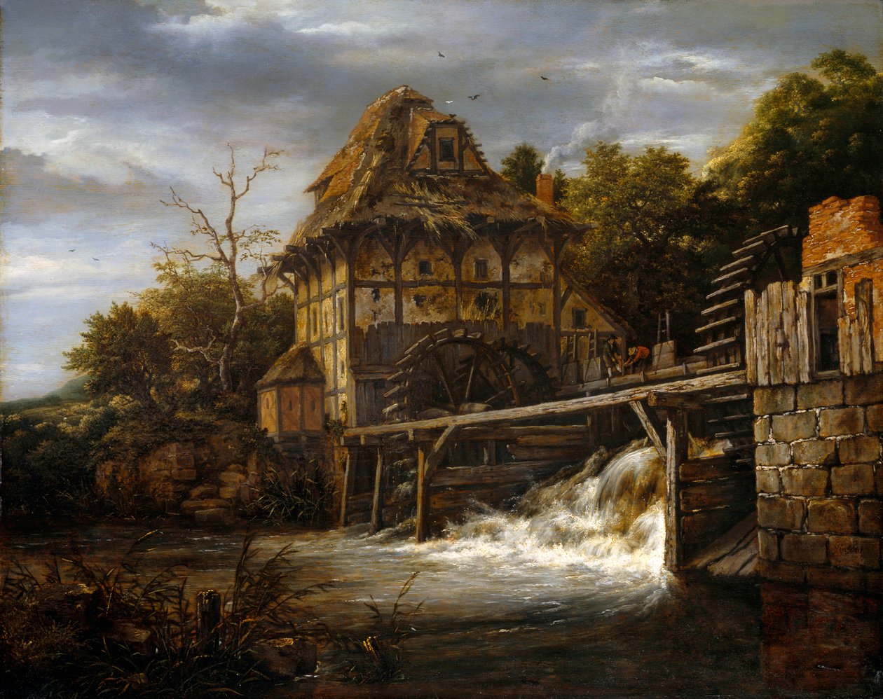 Twee onderslag watermolens met mannen die een sluis openen door Jacob van Ruisdael