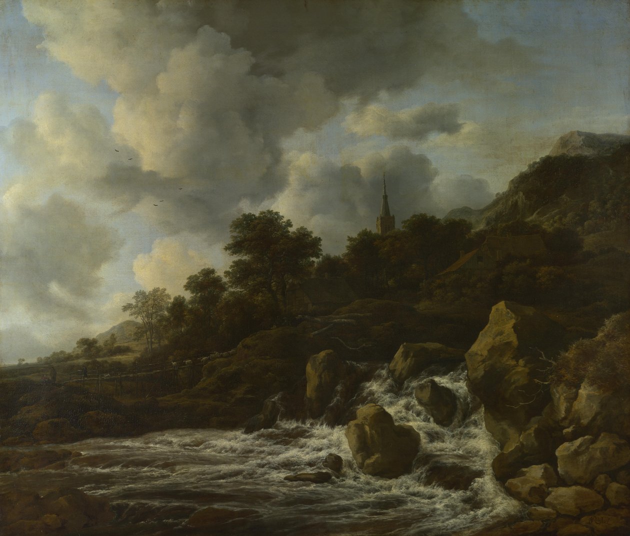 Waterval bij een dorp, ca. 1665-70 door Jacob van Ruisdael