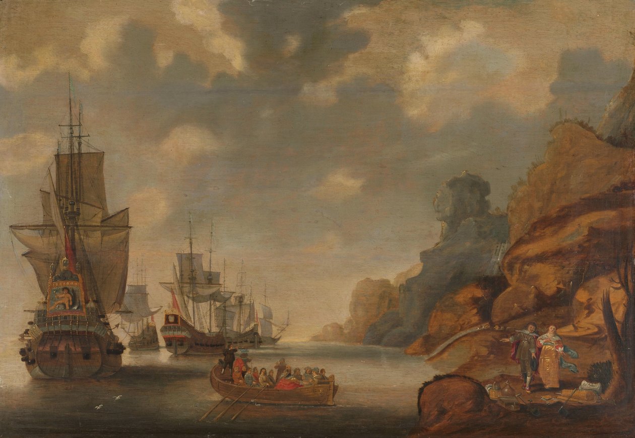 Een Franse eskader bij een rotsachtige kust door Jacob Bellevois