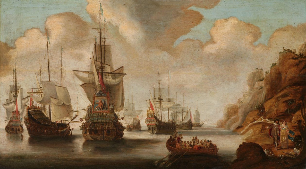 Een Franse eskader bij een rotsachtige kust door Jacob Bellevois