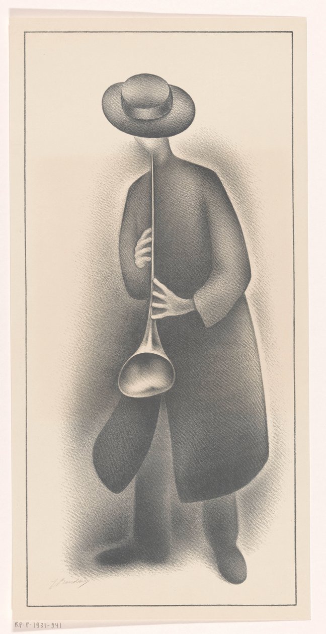 Straatmuzikant met blaasinstrument door Jacob Bendien (signed by artist)