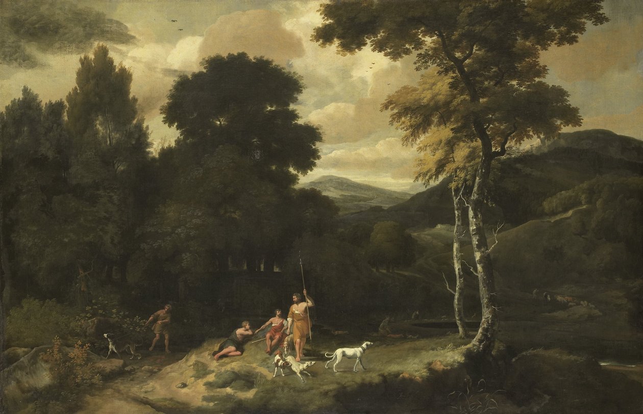 Landschap met jagers door Jacob Esselens