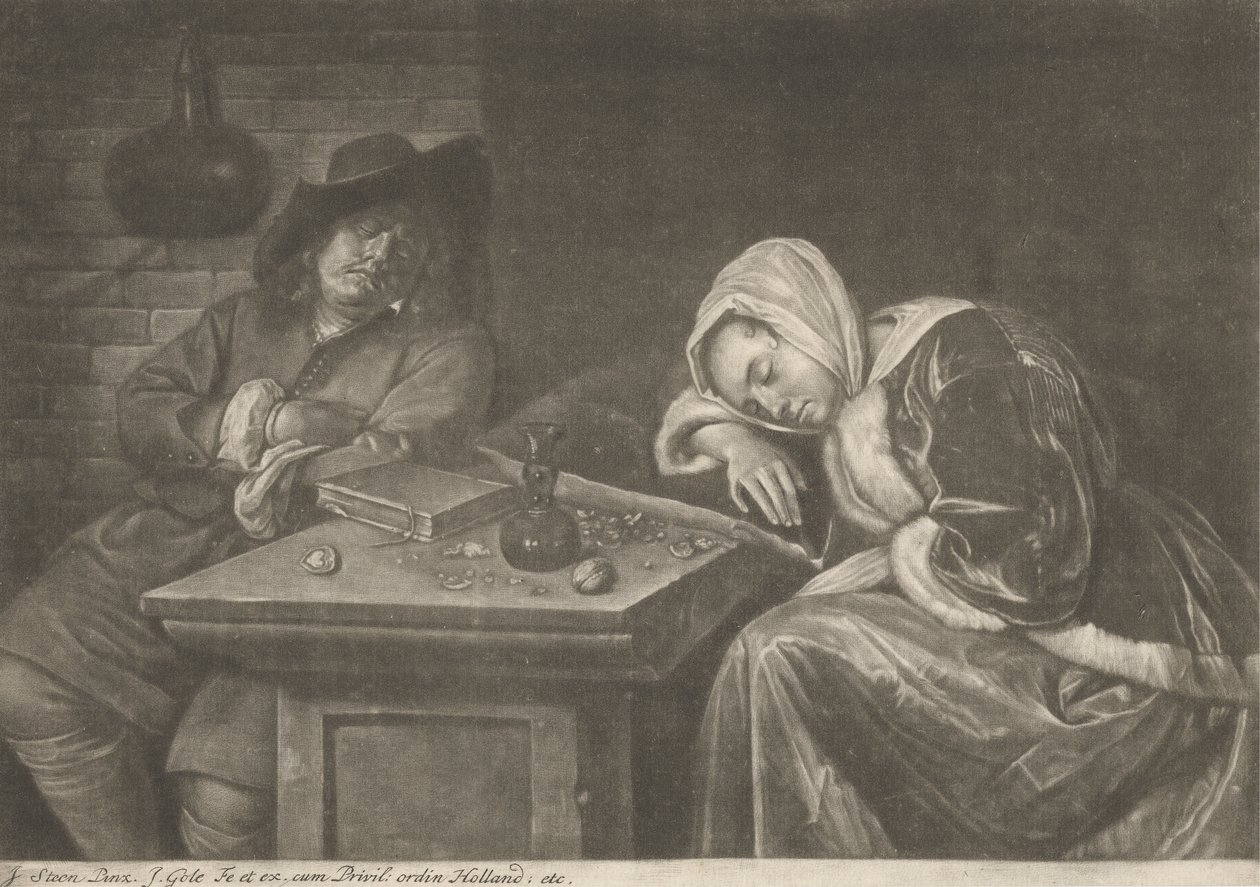 Man en Zijn Vrouw die aan Tafel Slapen door Jacob Gole