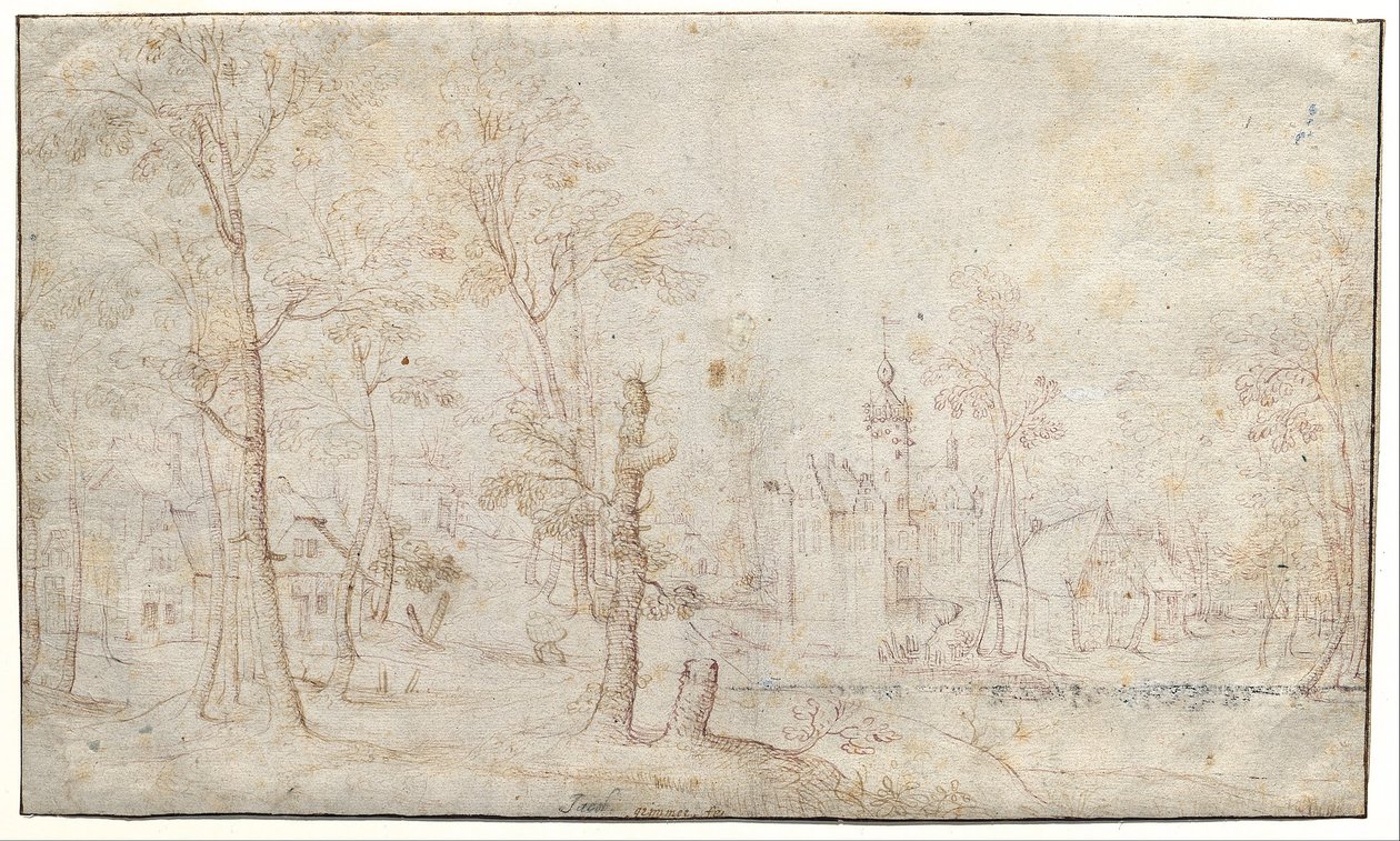 Omgracht kasteel en dorp door Jacob Grimmer