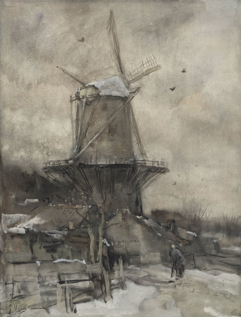 Een molen in de winter door Jacob Maris