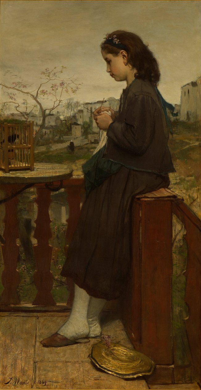 Meisje breit op een balkon, Montmartre door Jacob Maris