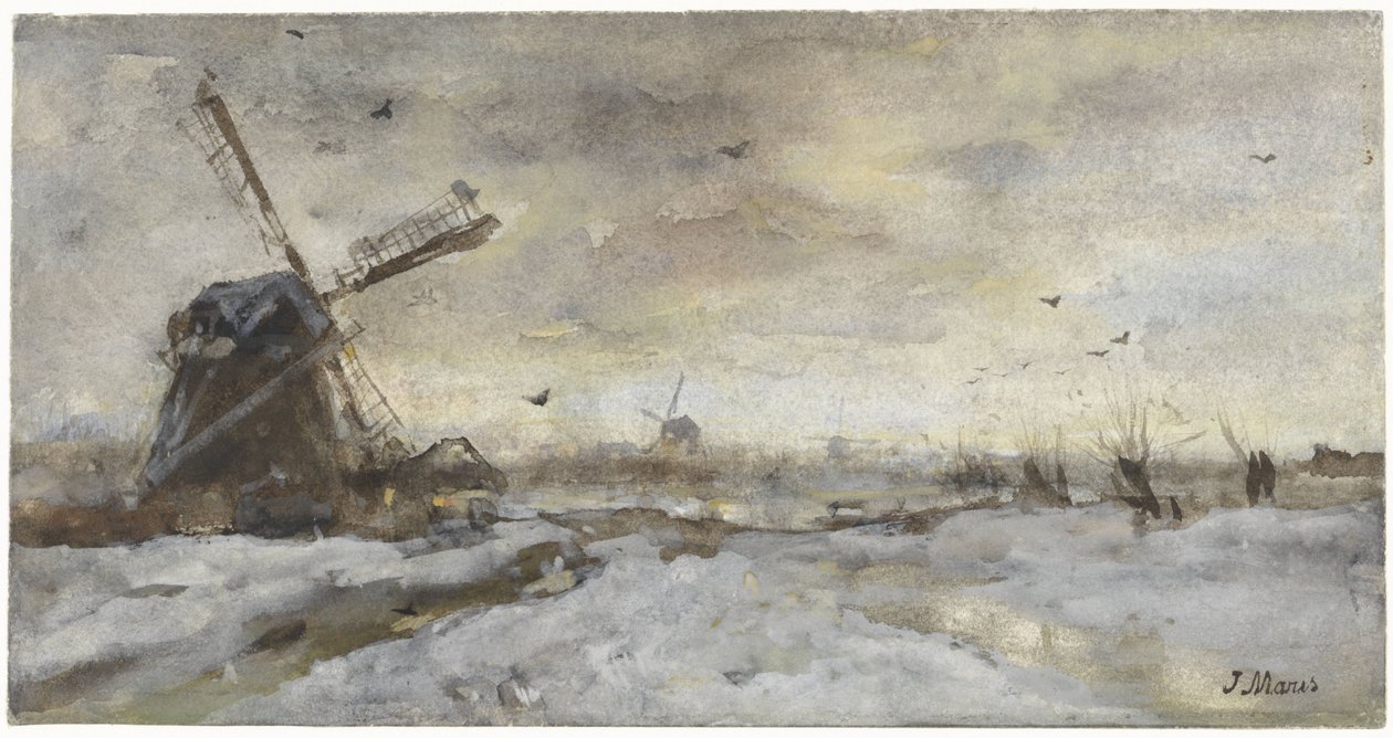 Landschap met molen in de sneeuw door Jacob Maris