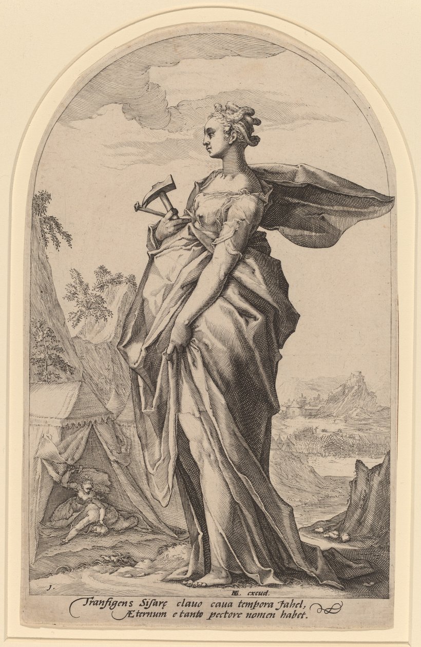 Jael en Sisera door Jacob Matham after Hendrik Goltzius
