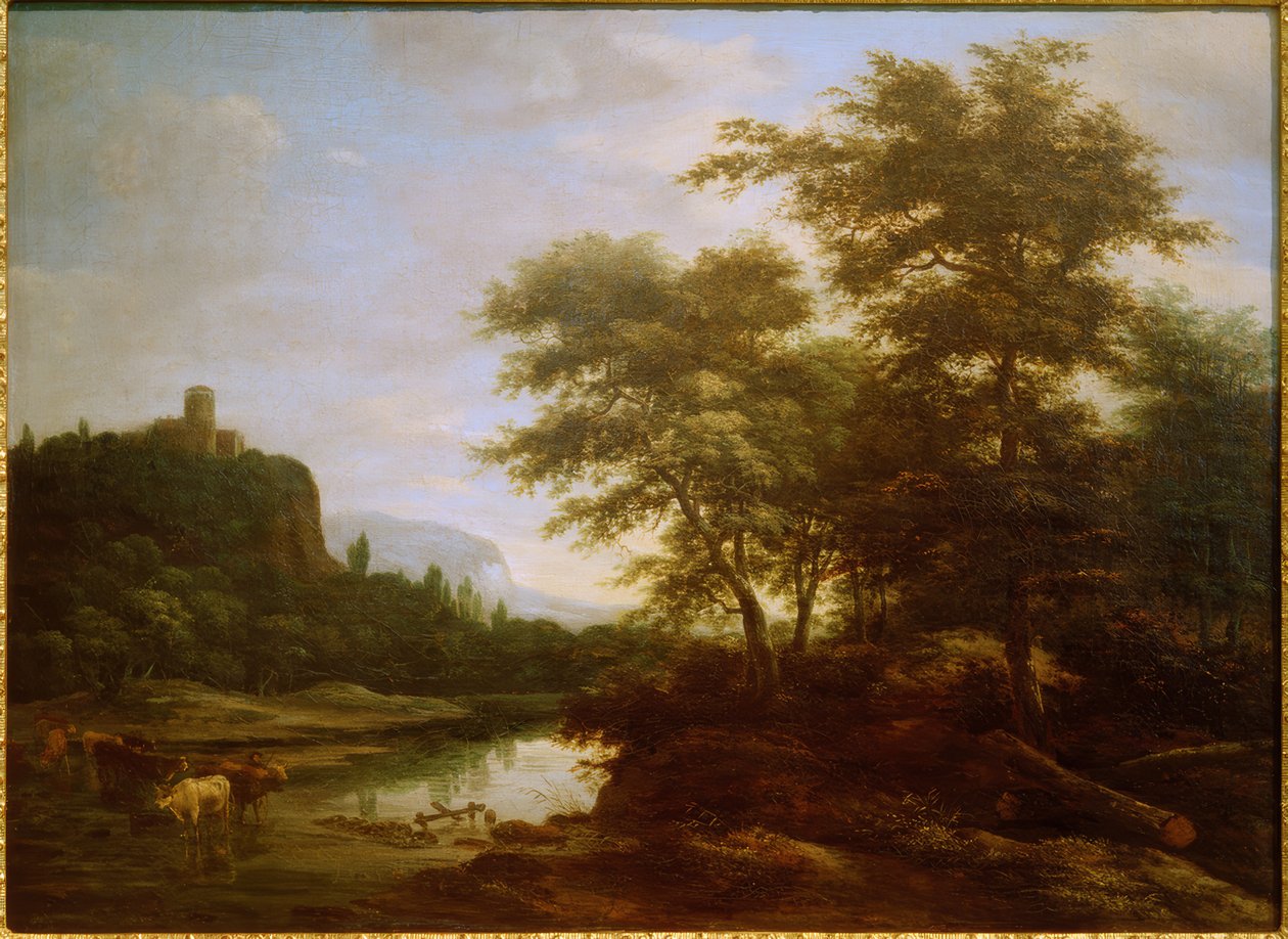 Landschap met kudde koeien bij de vijver door Jacob Salomonsz van Ruysdael