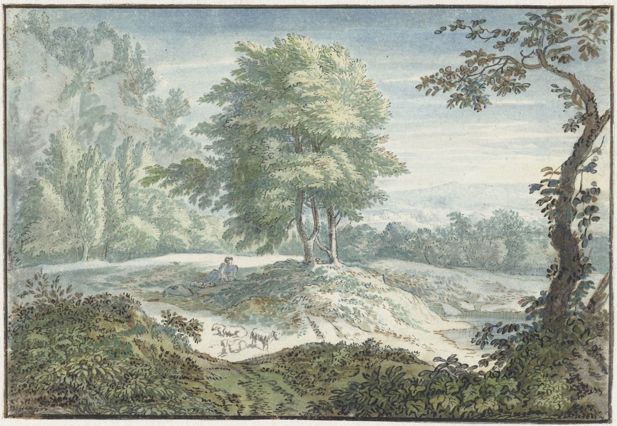 Landschap met schapen door Jacob van Liender