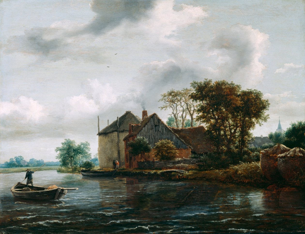 Boerderij en hooiland aan een rivier door Jacob van Ruisdael