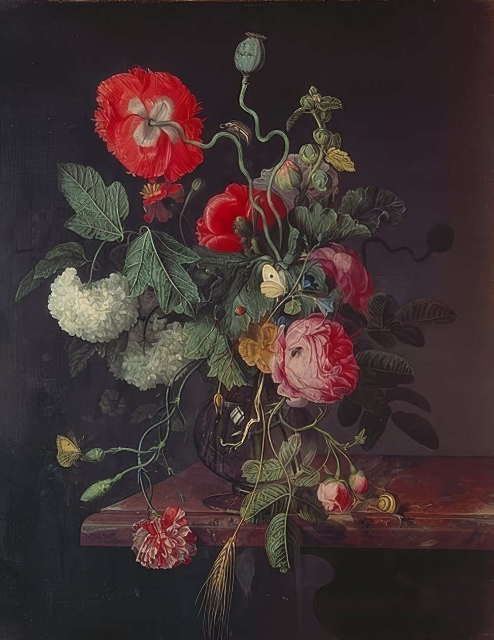 Bloemen in een glazen vaas door Jacob van Walscapelle