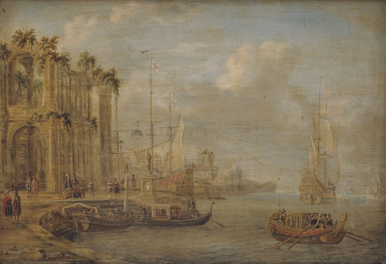 Havenscène met antieke ruïnes door Jacobus Storck
