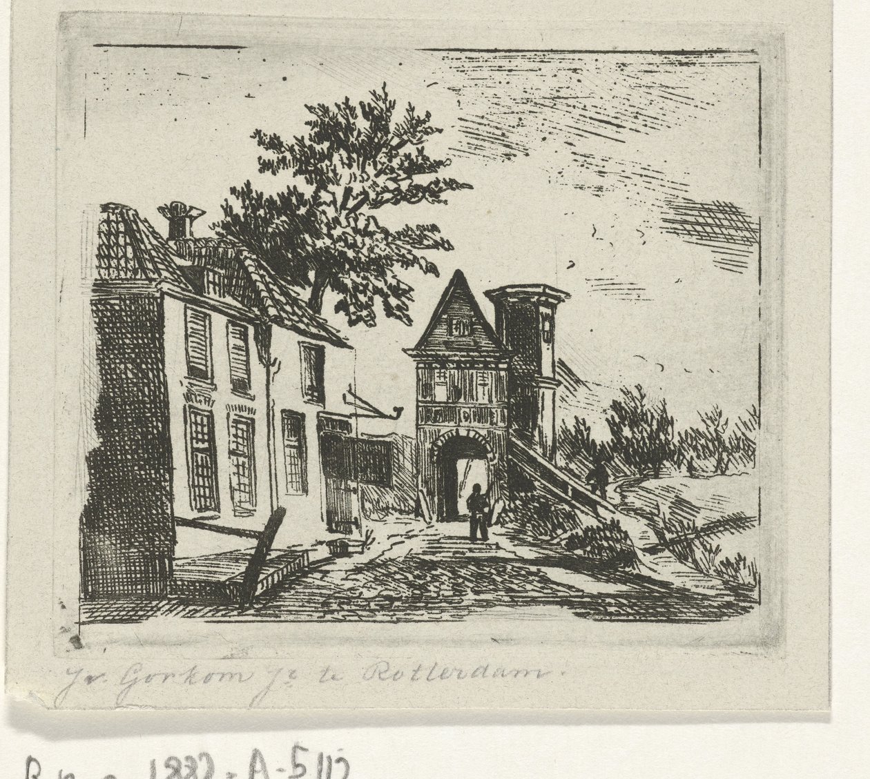 Stadsgezicht met poort door Jacobus van Gorkom jr.