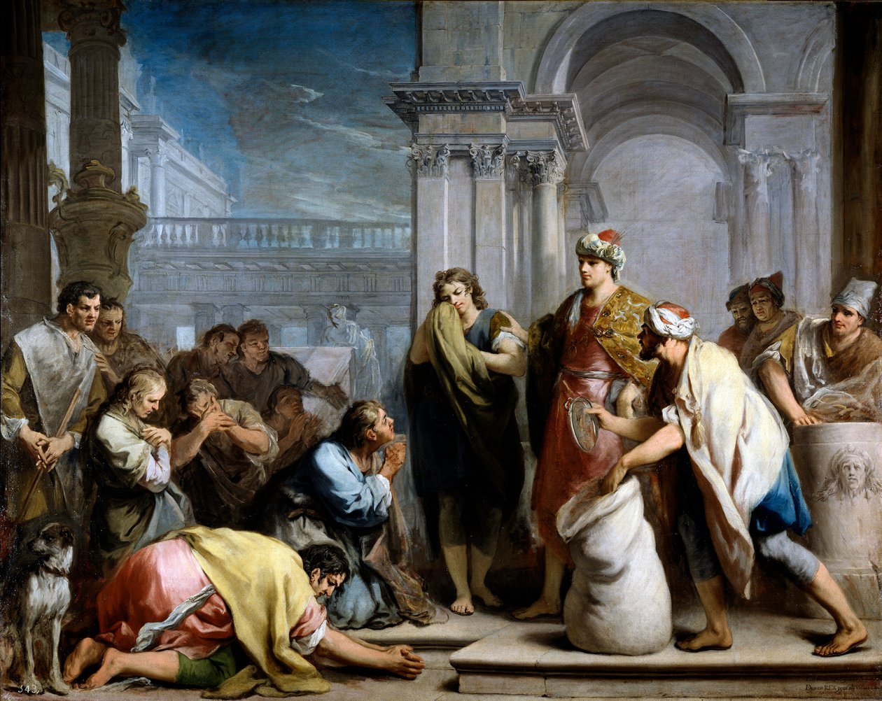 De zilveren beker van Jozef in de zak van Benjamin door Jacopo Amigoni