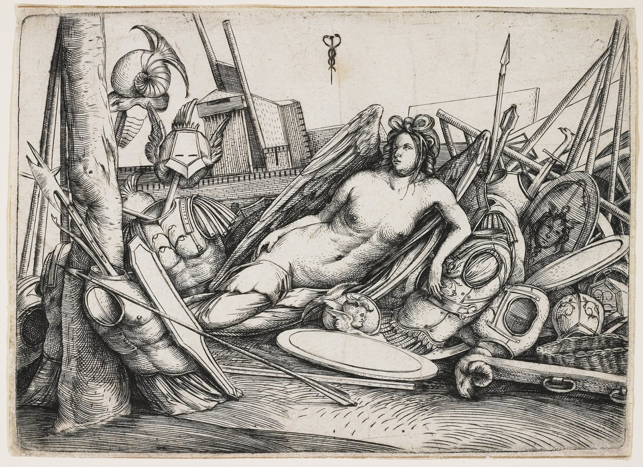Overwinning rustend te midden van trofeeën door Jacopo de Barbari