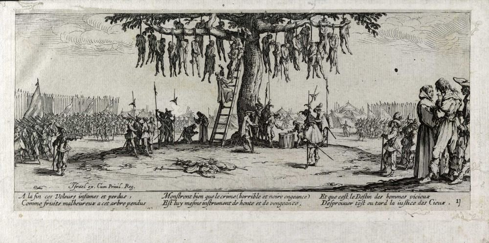 De marteling van de galg (Les miseres et les mal-heures de la guerre, pl. 11) door Jacques Callot