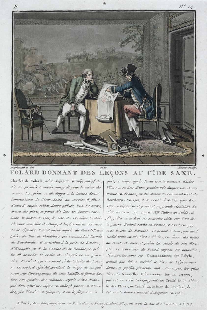 Charles, Chevalier de Folard (1699-1751) instrueert de Graaf van Saksen (1696-1750), gegraveerd door Jean Baptiste Morret (fl.1790-1820), 1790 door Jacques Francois Joseph Swebach