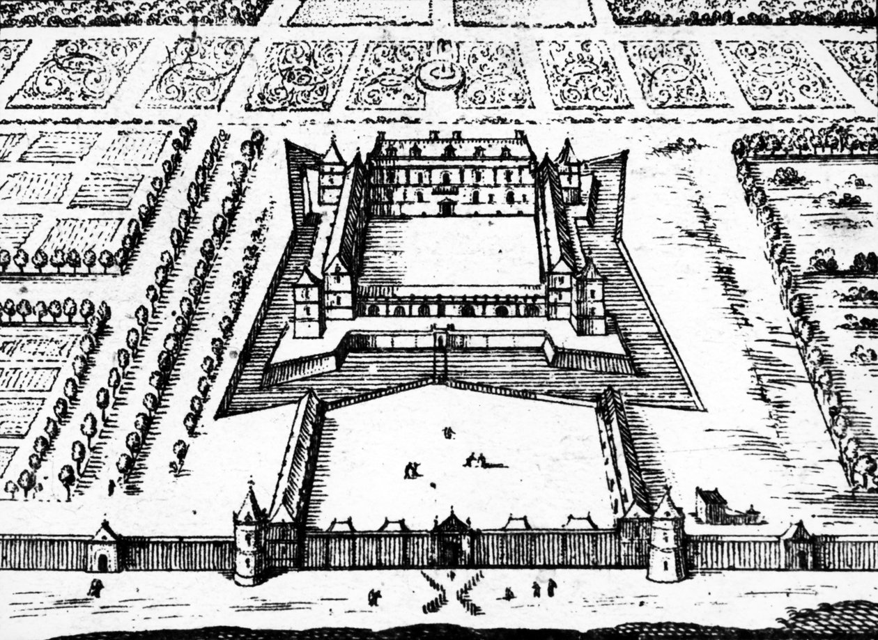 Uitzicht op de Koninklijke Jachthut in Versailles zoals het was in de late jaren 1620 en 1630, gebouwd voor Koning Lodewijk XIII, 1652 door Jacques Gomboust