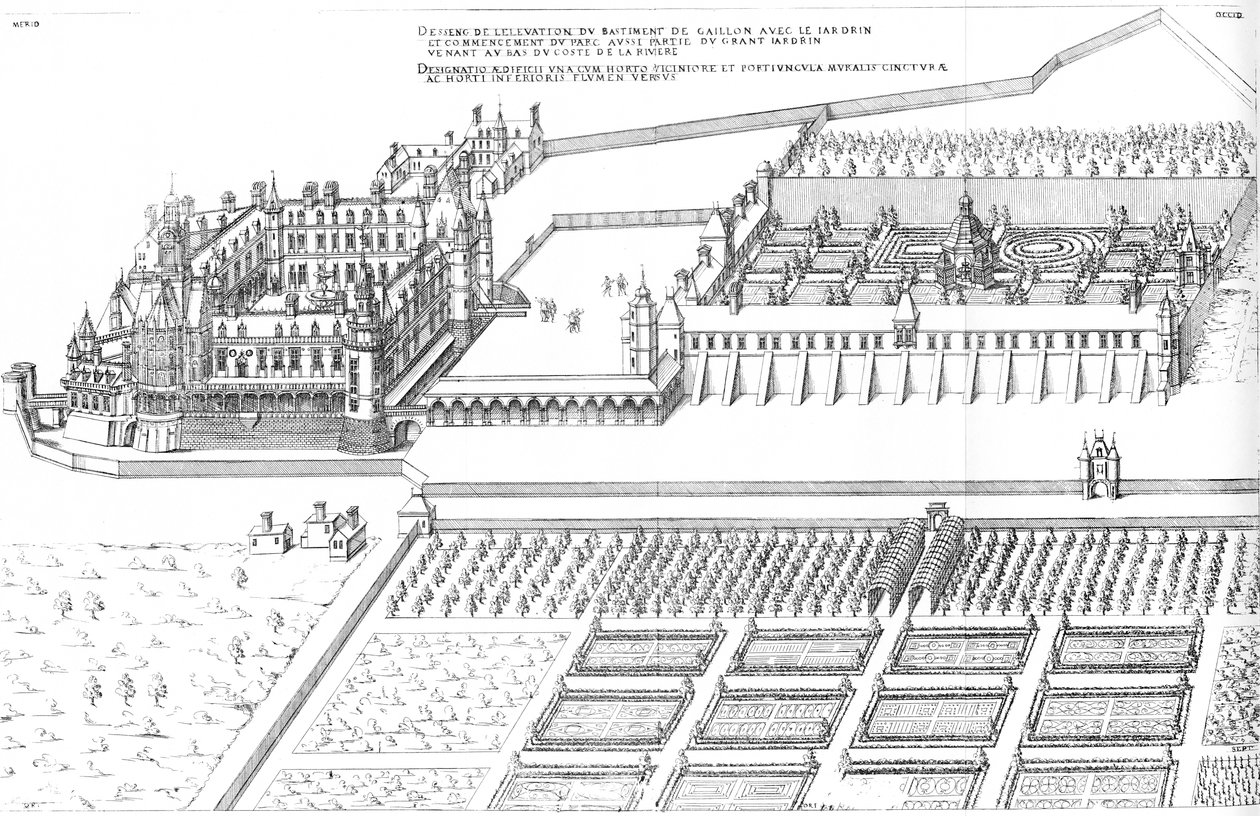 Gravure uit Le premier volume des plus excellents Bastiments de France door Jacques I Androuet du Cerceau. Algemeen lateraal vogelperspectief van het Château de Gaillon door Jacques I Androuet du Cerceau