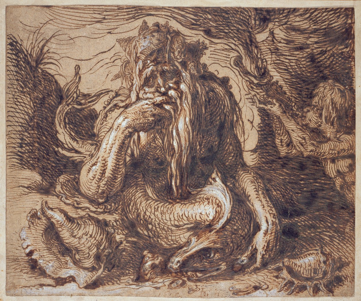 Neptunus, 1610 (pen en inkt verhoogd met gouache op papier) door Jacques II de Gheyn
