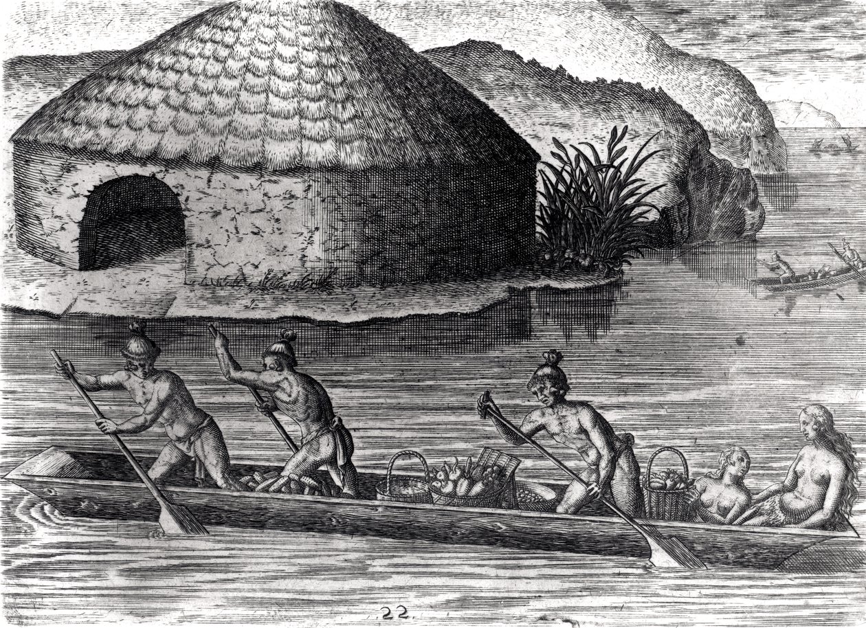 Florida-indianen slaan hun gewassen op in de openbare graanschuur, uit 