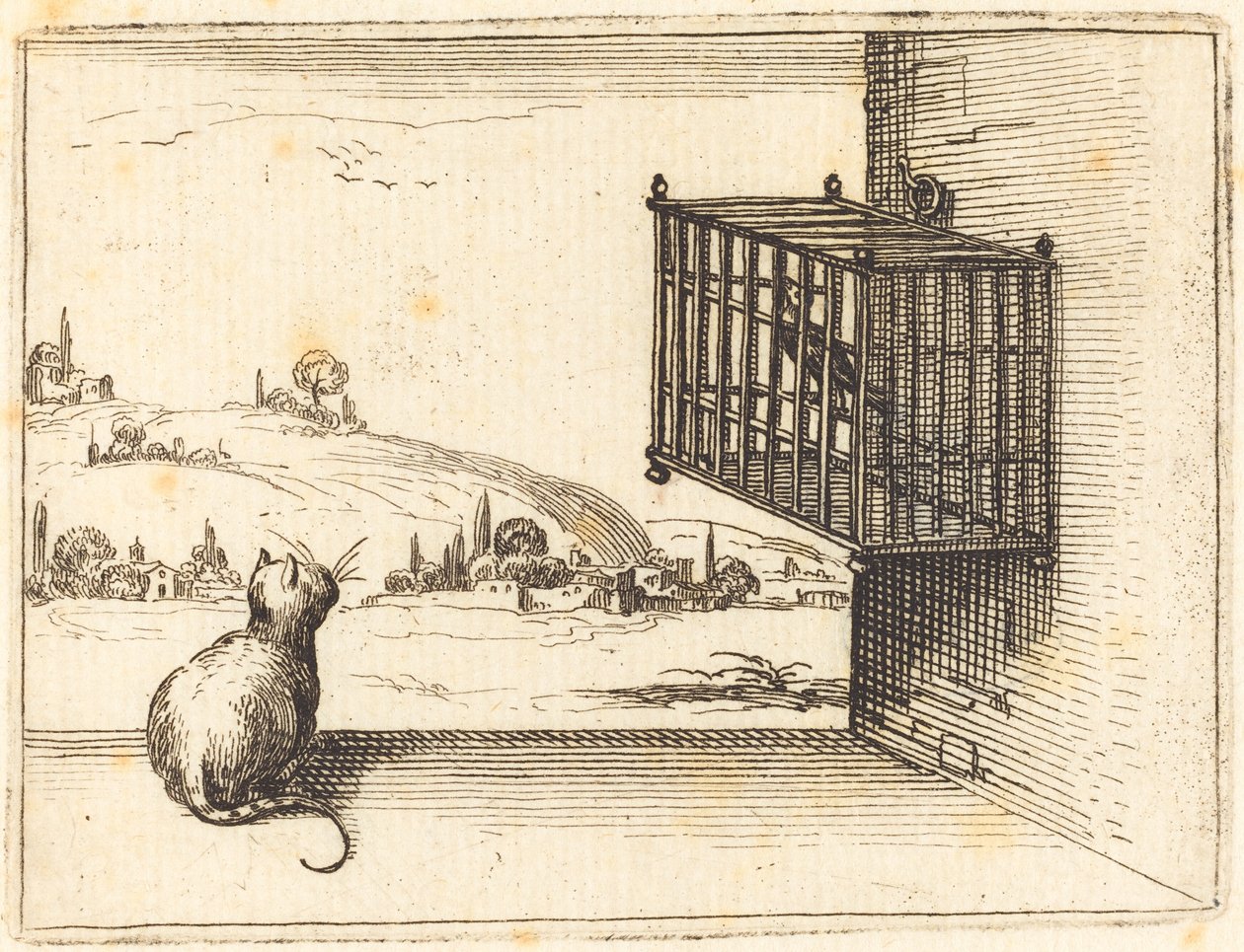 Kat kijkt naar gekooide vogel door Jacques Callot