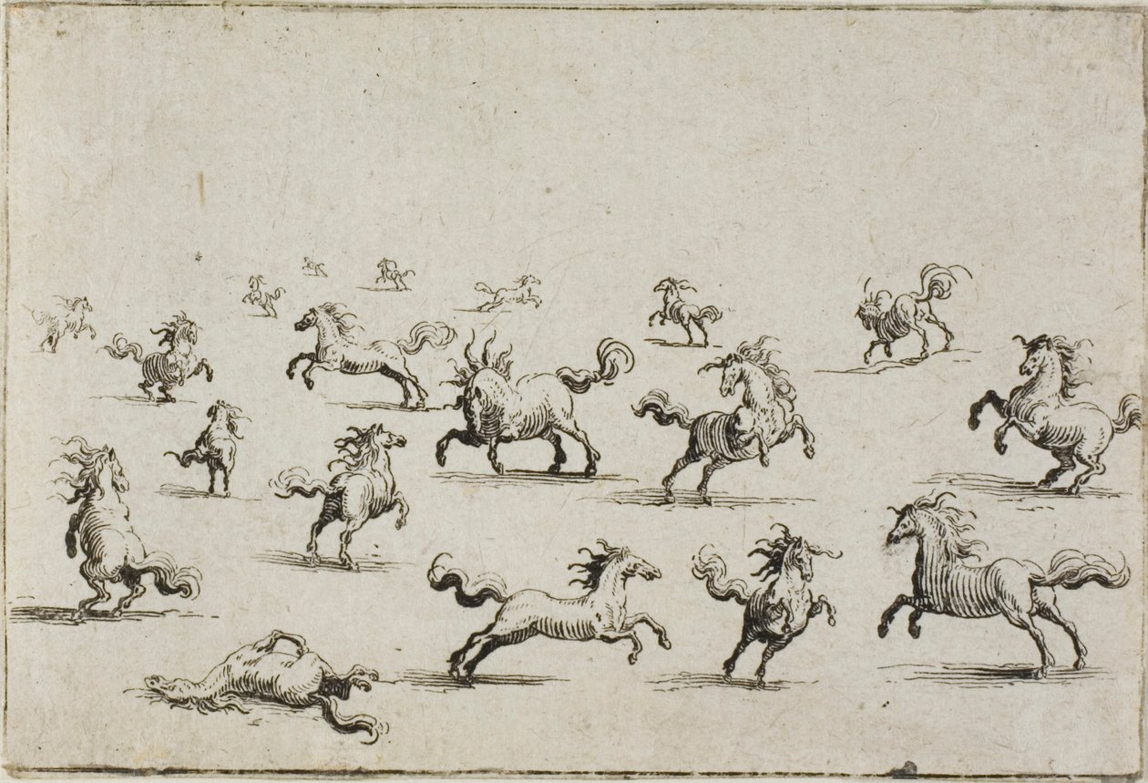 Vrijlopende paarden, uit De Caprices door Jacques Callot