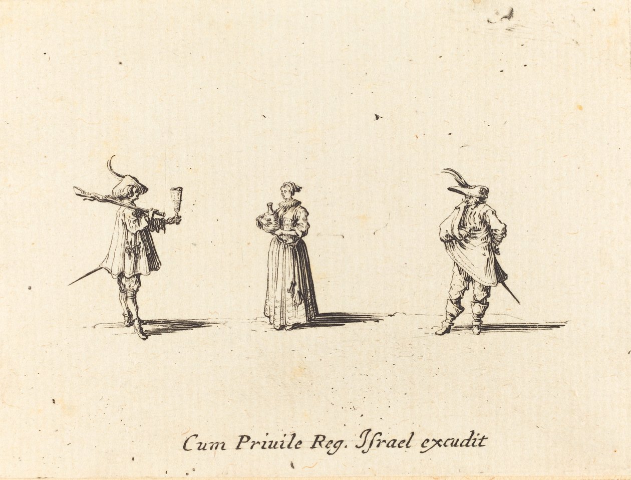 Dame met wijnfles en twee heren door Jacques Callot