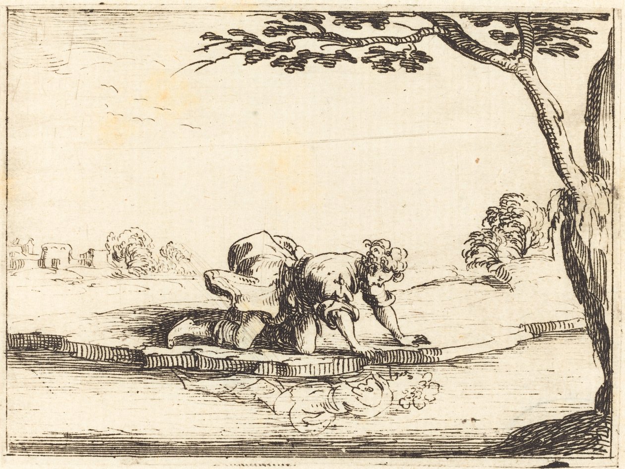 Narcissus kijkt in het water door Jacques Callot