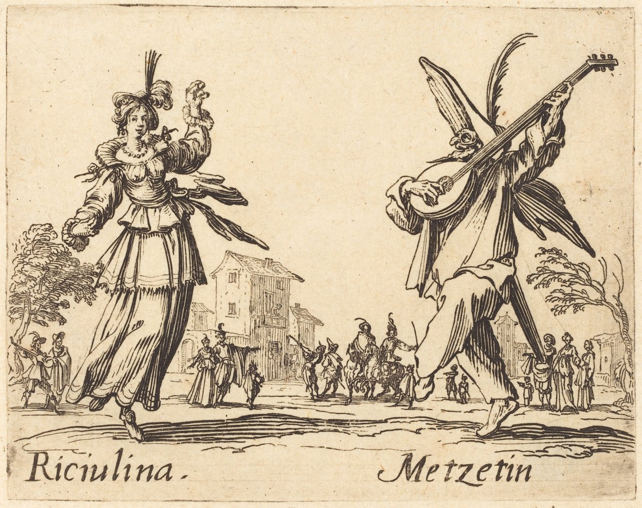 Riciulina en Metzetin, ca. 1622 door Jacques Callot
