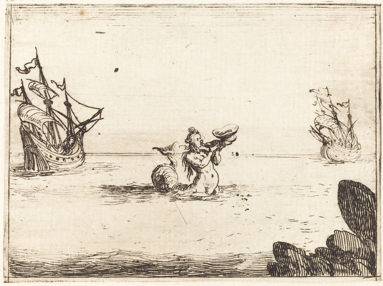 Sirene tussen twee schepen, 1628 door Jacques Callot