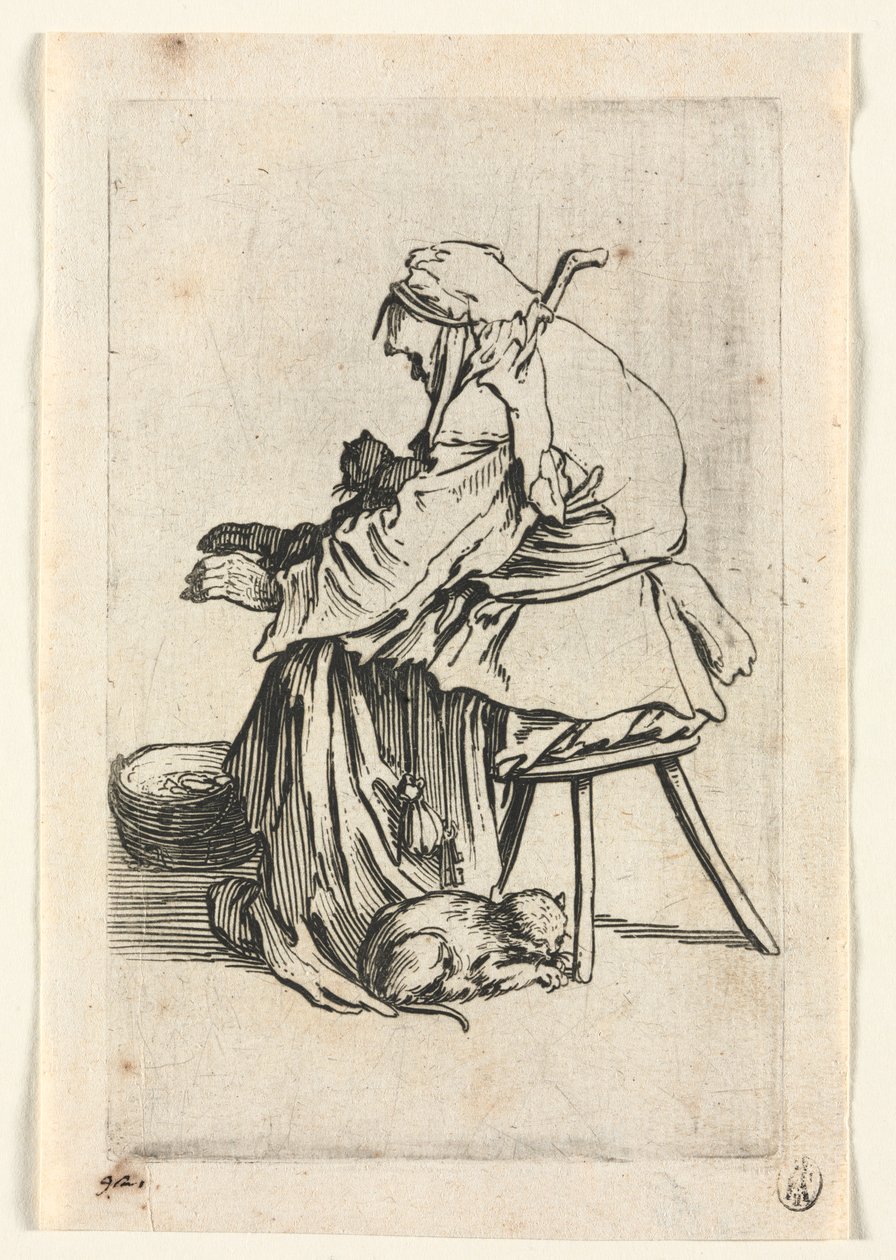 De bedelaars: Oude vrouw en katten door Jacques Callot