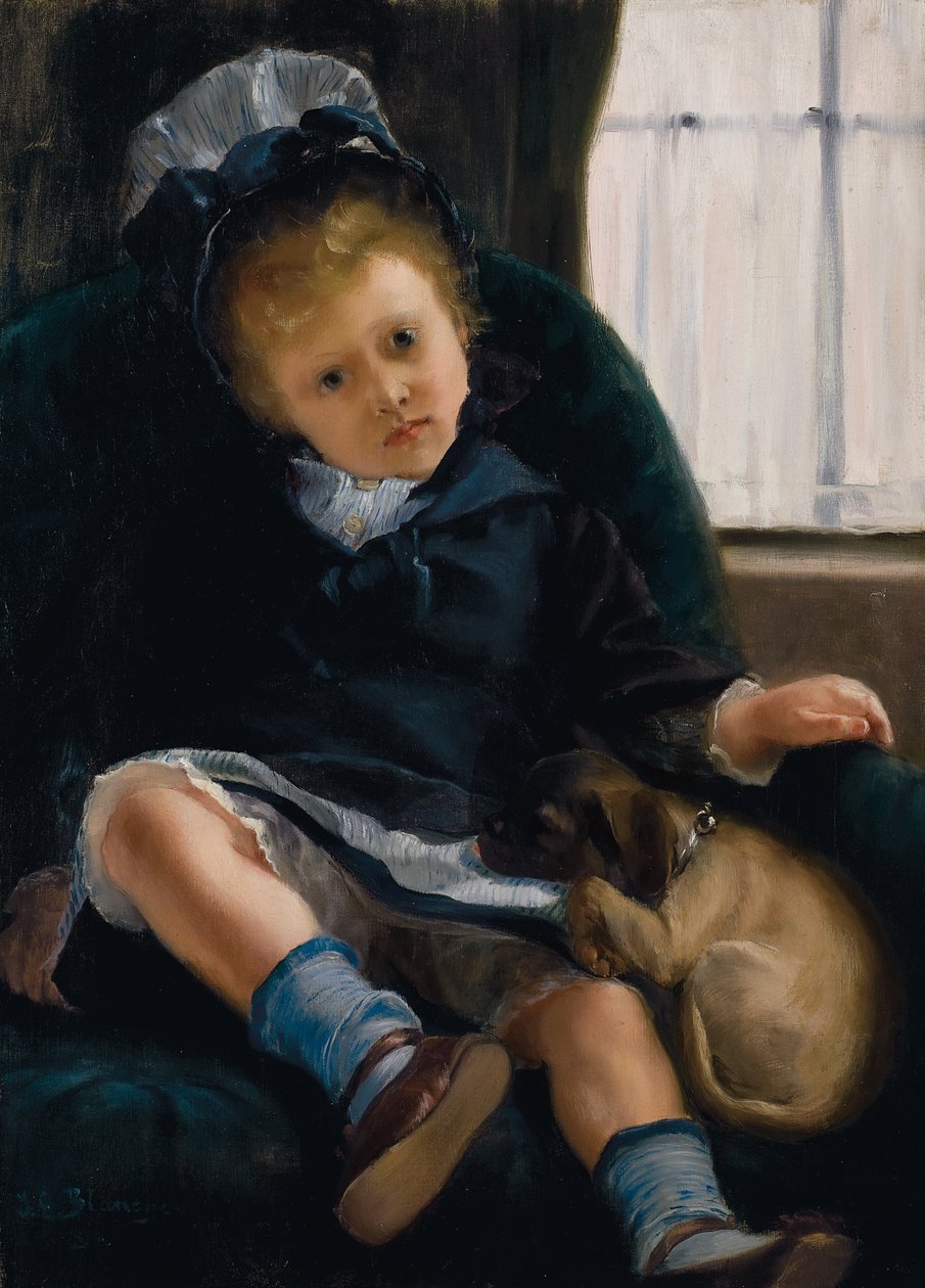 Meisje met puppy door Jacques Emile Blanche
