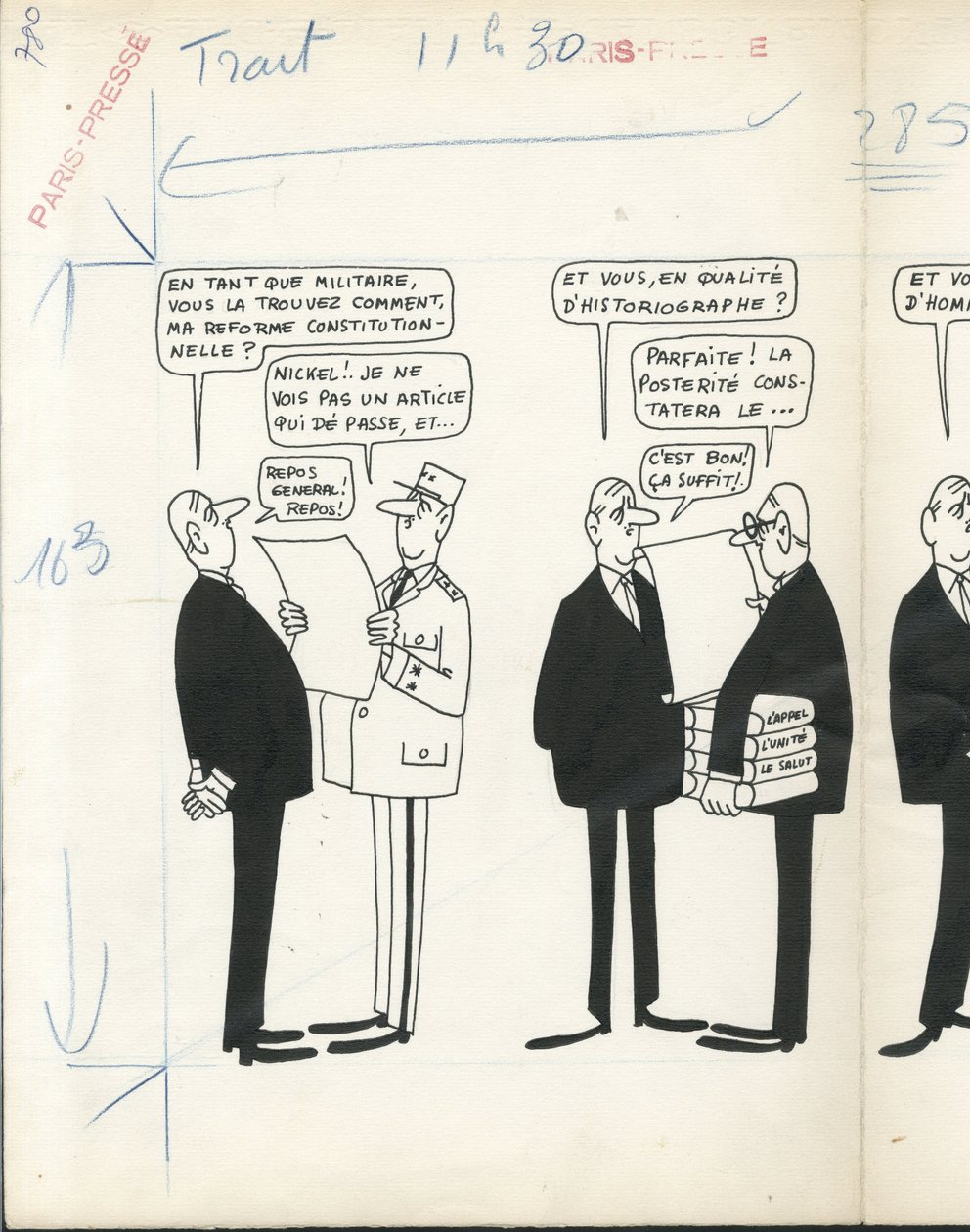 Paris-Presse, Satirisch in B  W door Jacques Faizant