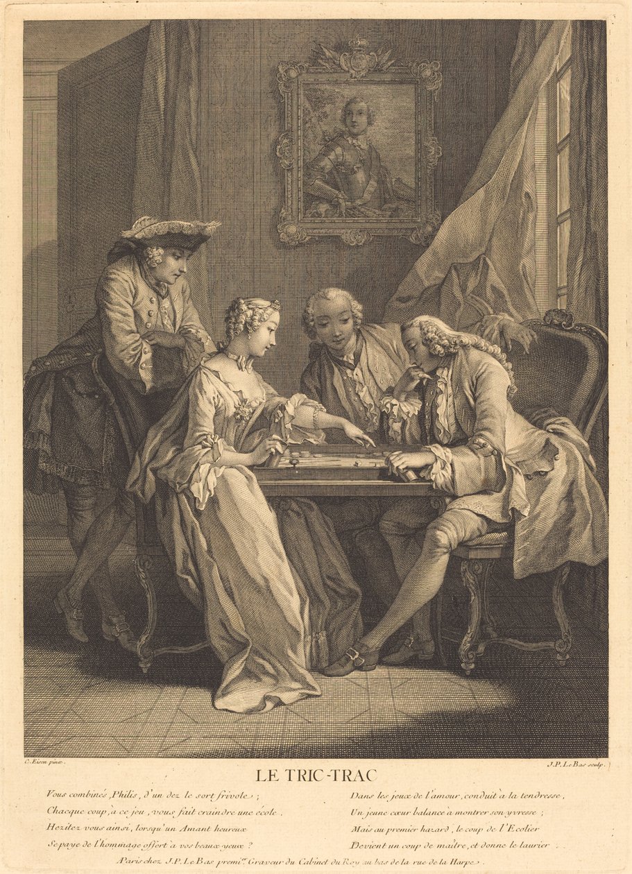 Le tric-trac door Jacques Philippe Le Bas after Charles Eisen