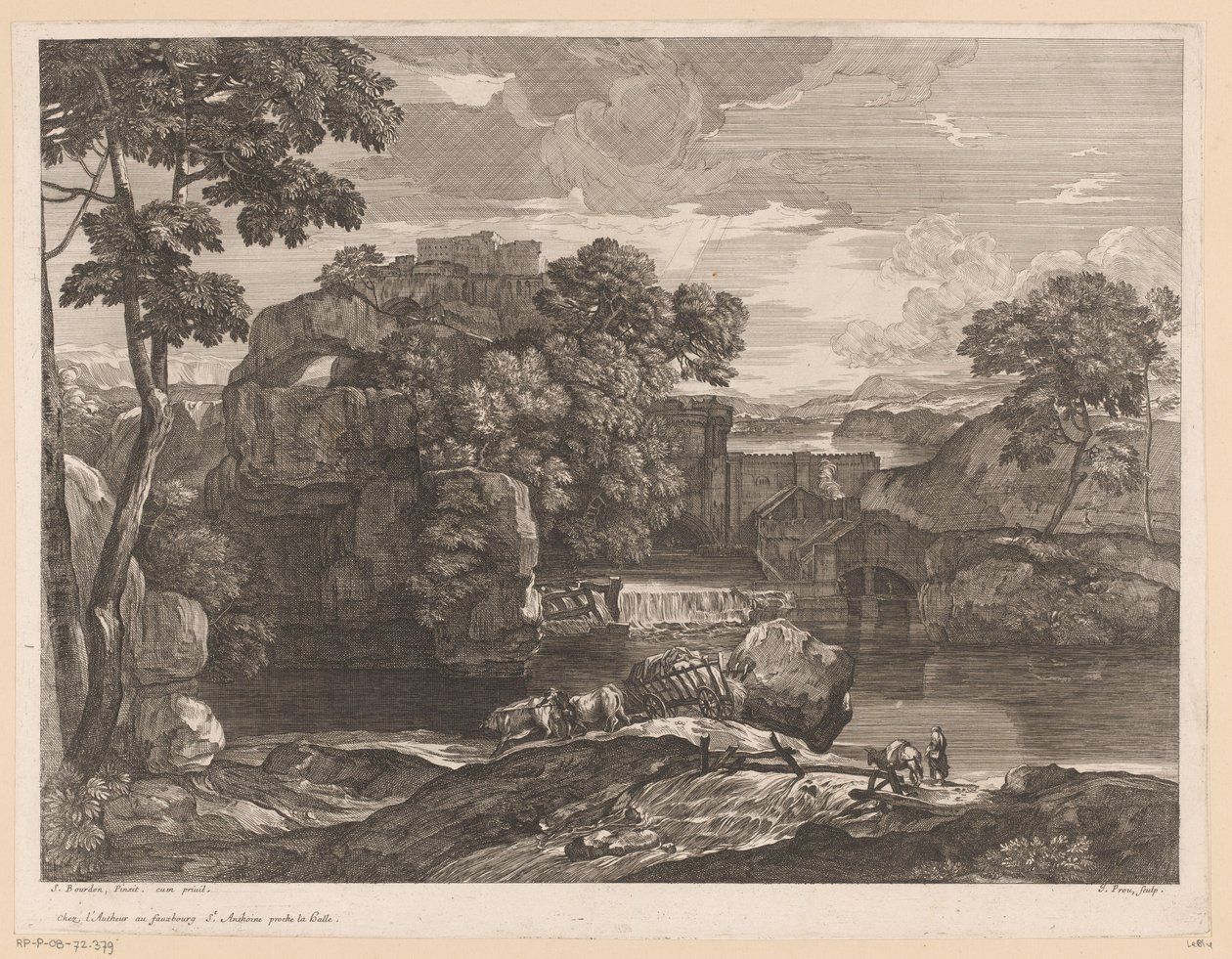 Rivierlandschap met hooiwagen op de voorgrond door Jacques Prou