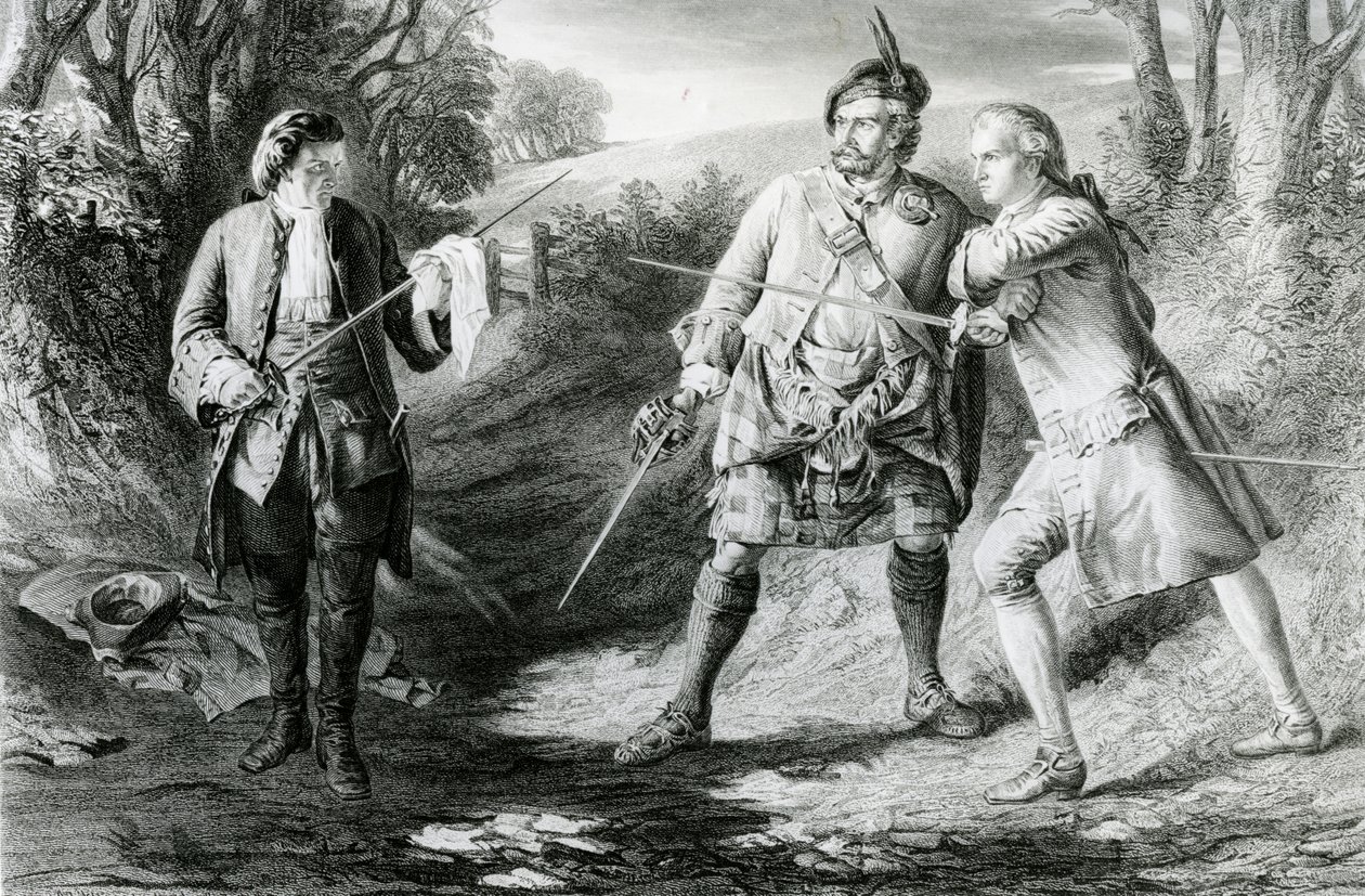 Rob Roy Scheidt Duelisten Rashleigh en Francis Osbaldistone, gegraveerd door John Le Conte (fl.1850-86) 1867 door James Blake McDonald