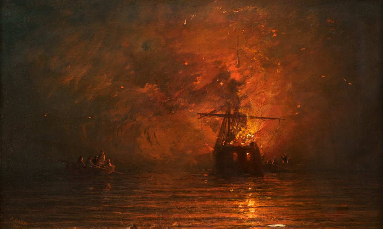 Schip in Brand, 1873 door Francis Danby