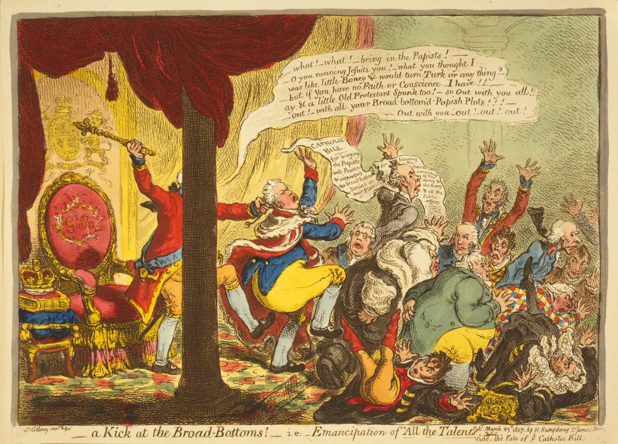 A Kick at the Broad Bottoms, i.e. Emancipation of all the Talents, gepubliceerd 1807 door James Gillray