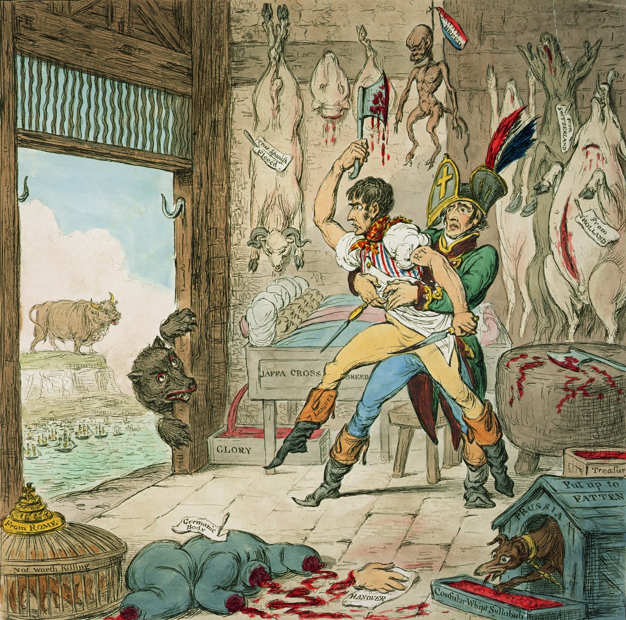 Boney en Talley, Het Corsicaanse Kadaver - Slagersafrekeningsdag, gepubliceerd door Hannah Humphrey, 1803 door James Gillray