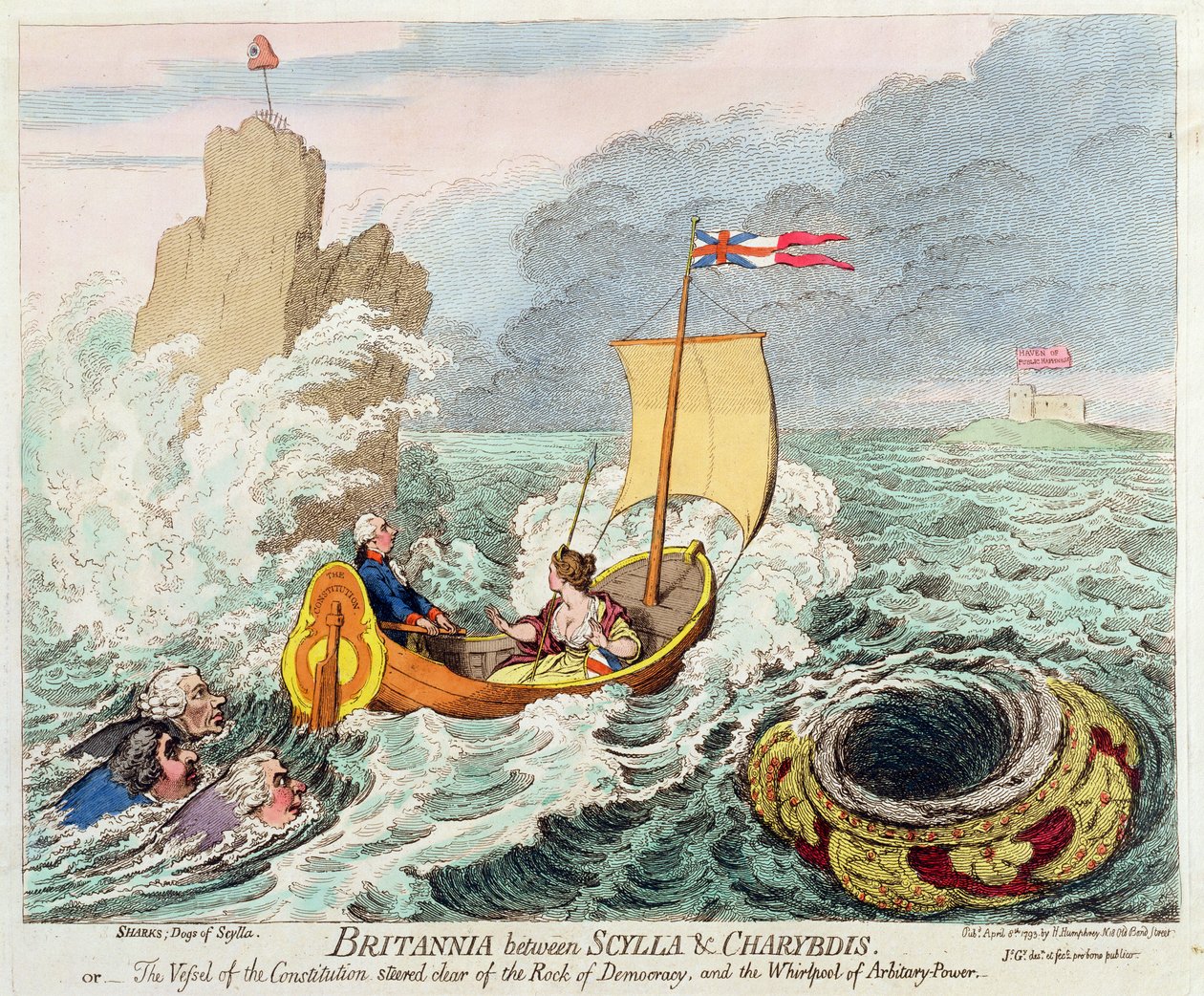 Britannia Tussen Scylla en Charybdis, of Het Schip van de Grondwet stuurde langs de Rots van Democratie en de Draaikolk van Willekeurige Macht, gepubliceerd door Hannah Humphrey in 1793 door James Gillray