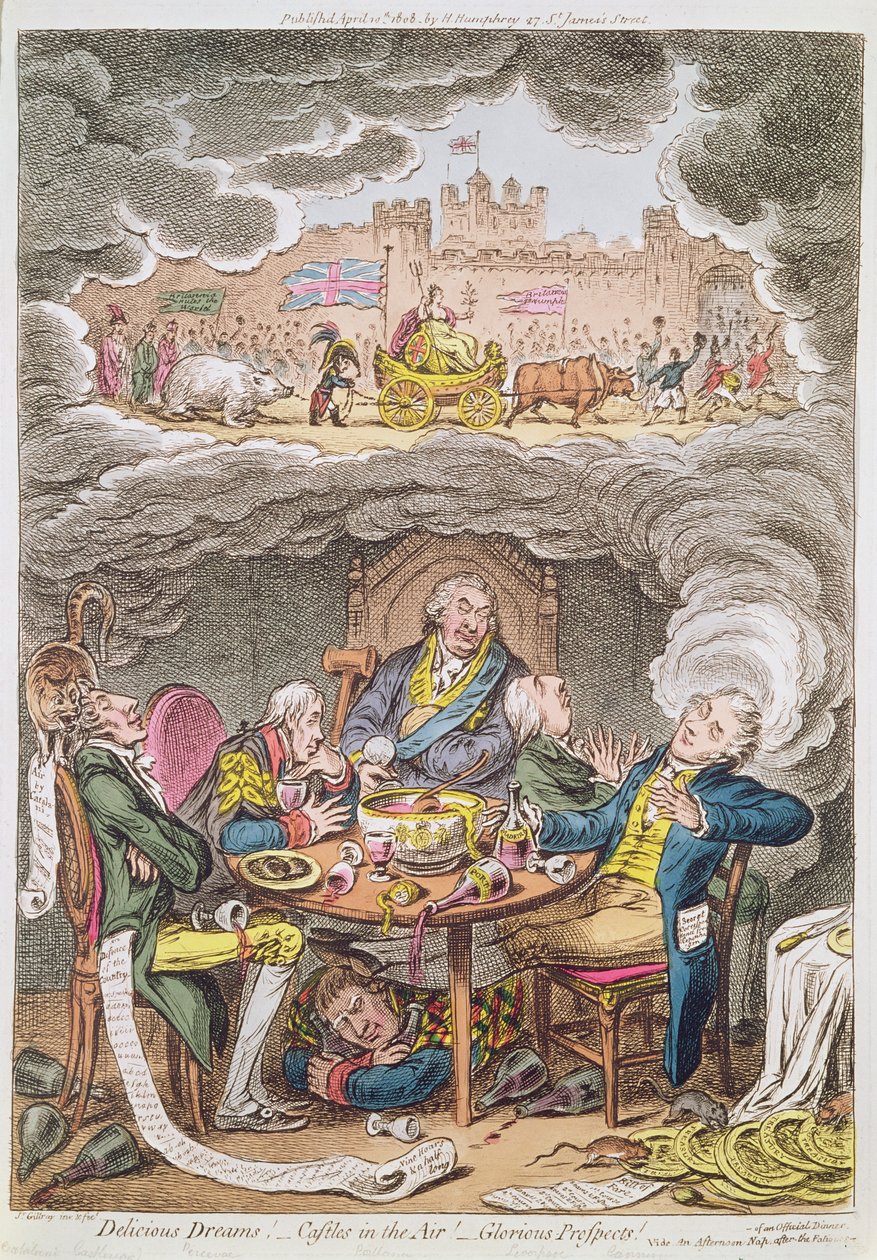Heerlijke dromen! Kastelen in de lucht! Glorieuze vooruitzichten! vide Een middagdutje na de vermoeidheid van een officieel diner, cartoon met Lord Portland en zijn ministers, 1808 door James Gillray