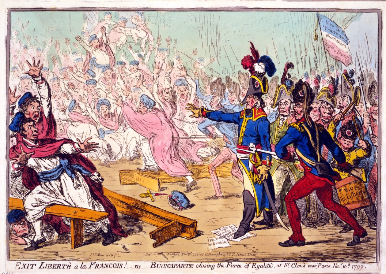 Exit Liberté a la Francois! of Buonaparte sluit de Farce van Egalité, bij St. Cloud nabij Parijs 10 november 1799, uitgegeven 1799 door James Gillray